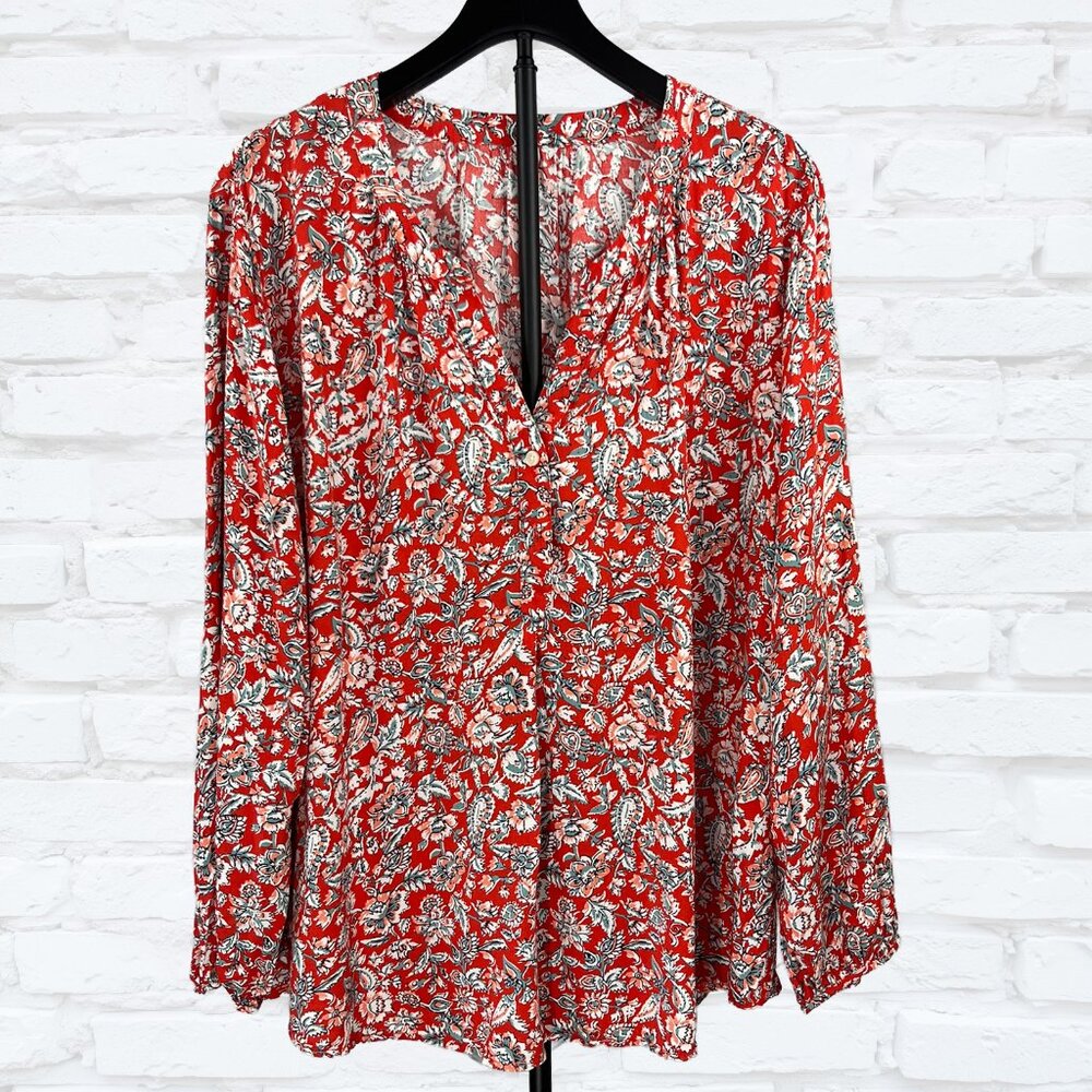 Red White and Blue Floral Rayon Blouse XXL Boho Top